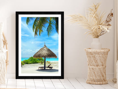 Palm Parasol & Turquoise Sea Photograph Glass Framed Wall Art, Ready to Hang Quality Print With White Border Black