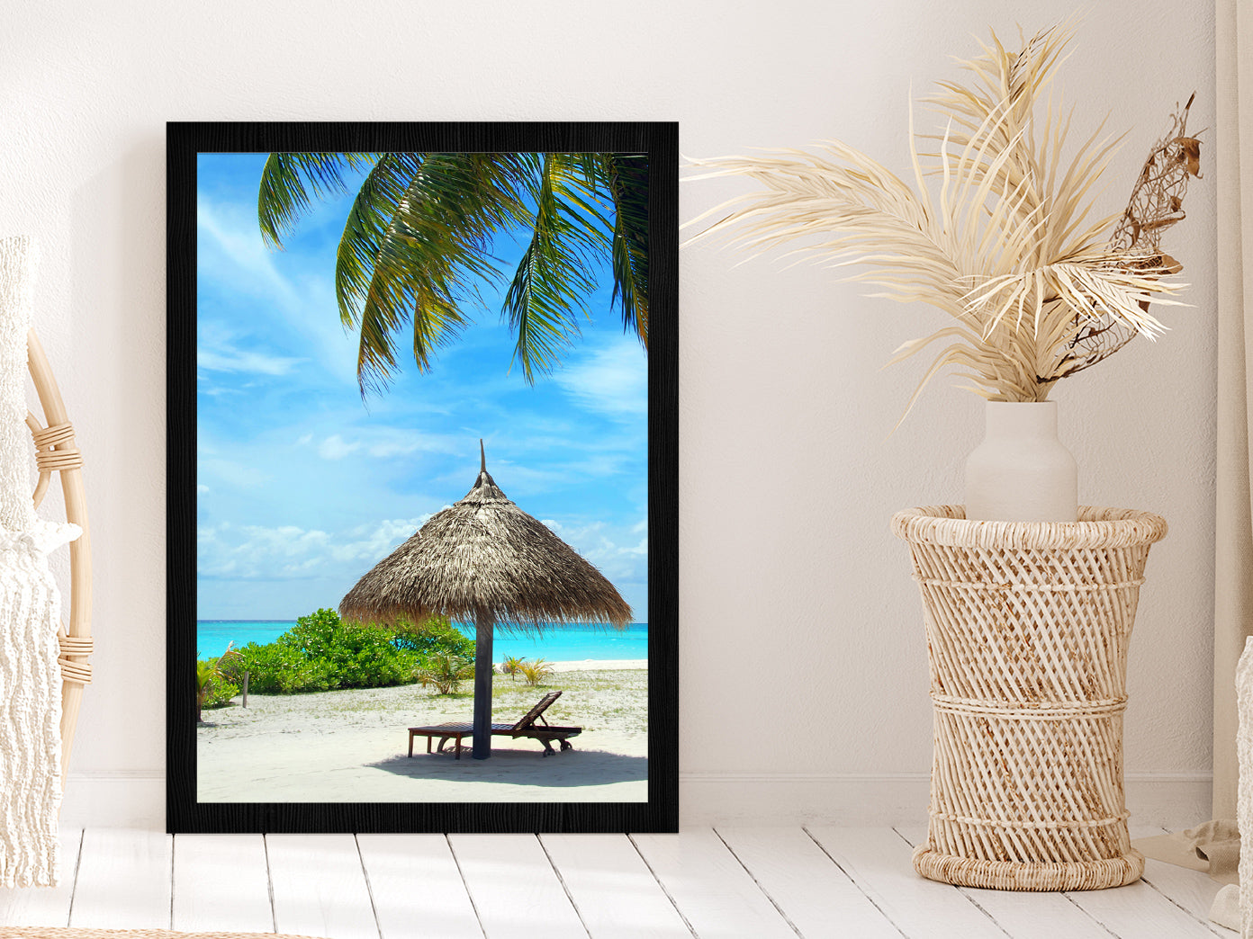 Palm Parasol & Turquoise Sea Photograph Glass Framed Wall Art, Ready to Hang Quality Print Without White Border Black