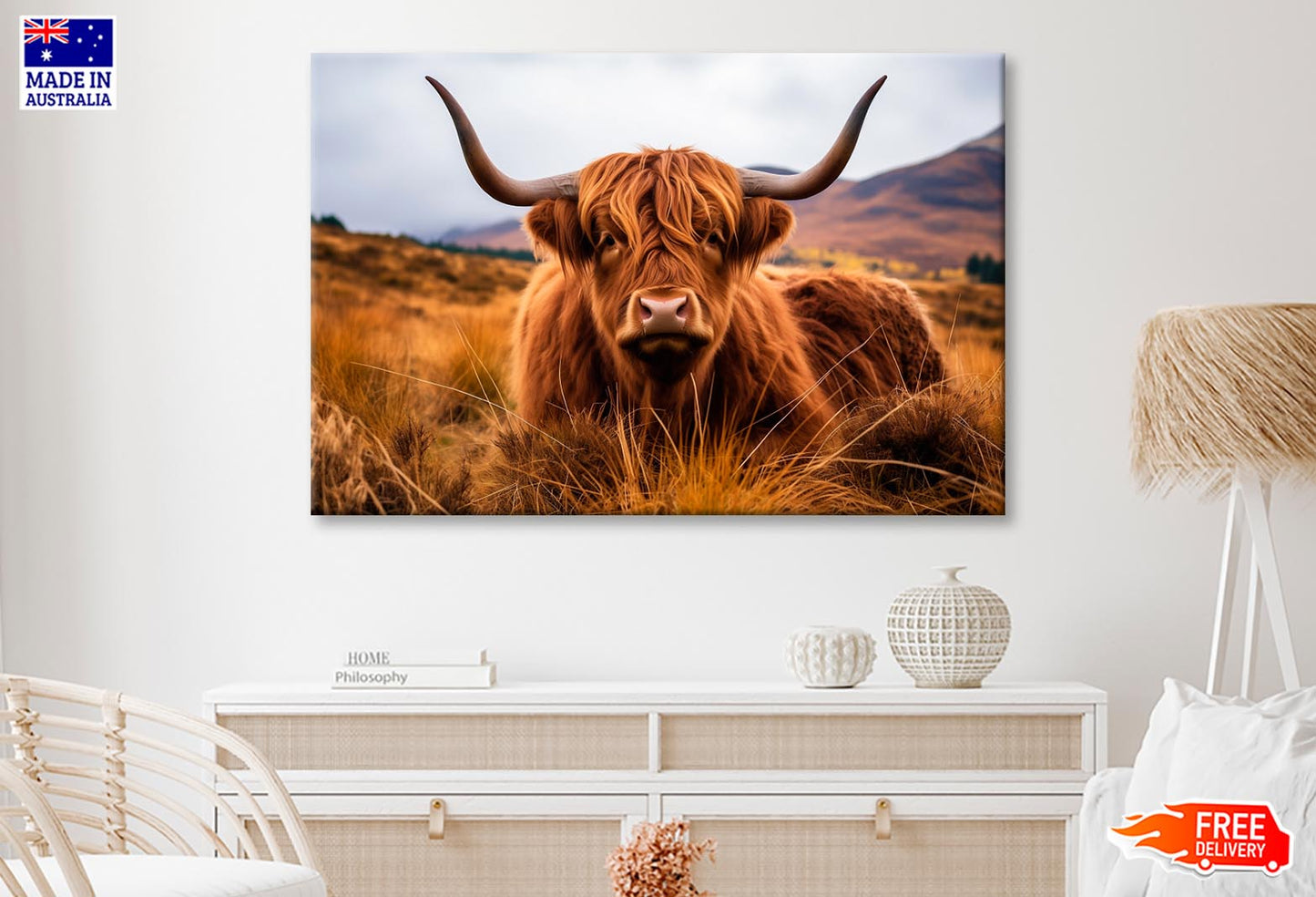 Highland Cow with Horns  Wall Art Decor 100% Australian Made - Bella Home Decor