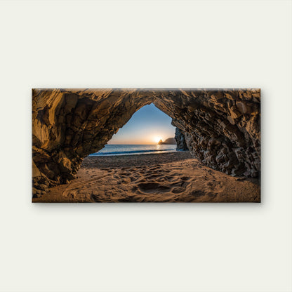 View From Stone Cave Sunset Sea Beach Wall Art Canvas Office Home Room Framed 120x60cm