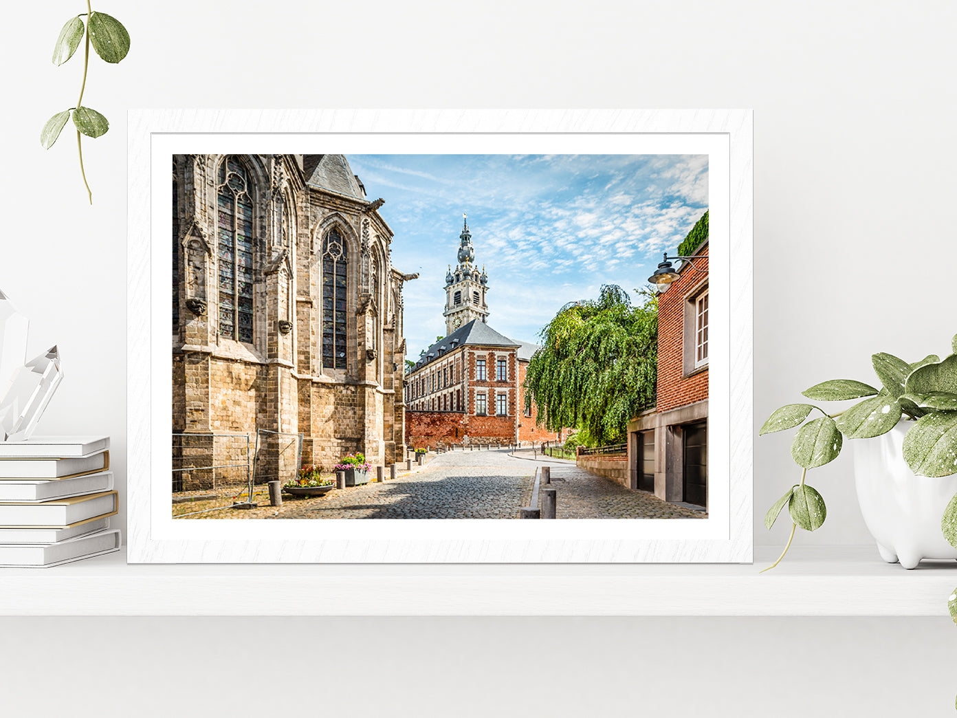 Belfry Tower With Church Belgium Glass Framed Wall Art, Ready to Hang Quality Print With White Border White