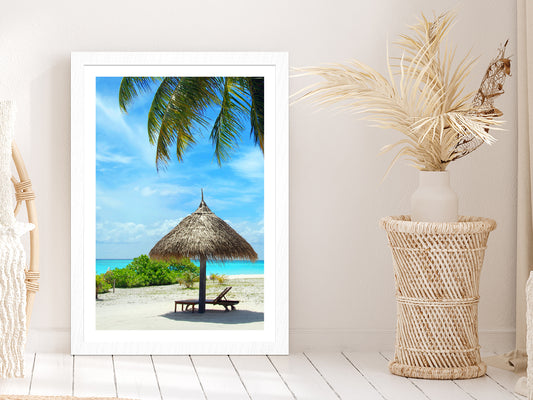 Palm Parasol & Turquoise Sea Photograph Glass Framed Wall Art, Ready to Hang Quality Print With White Border White