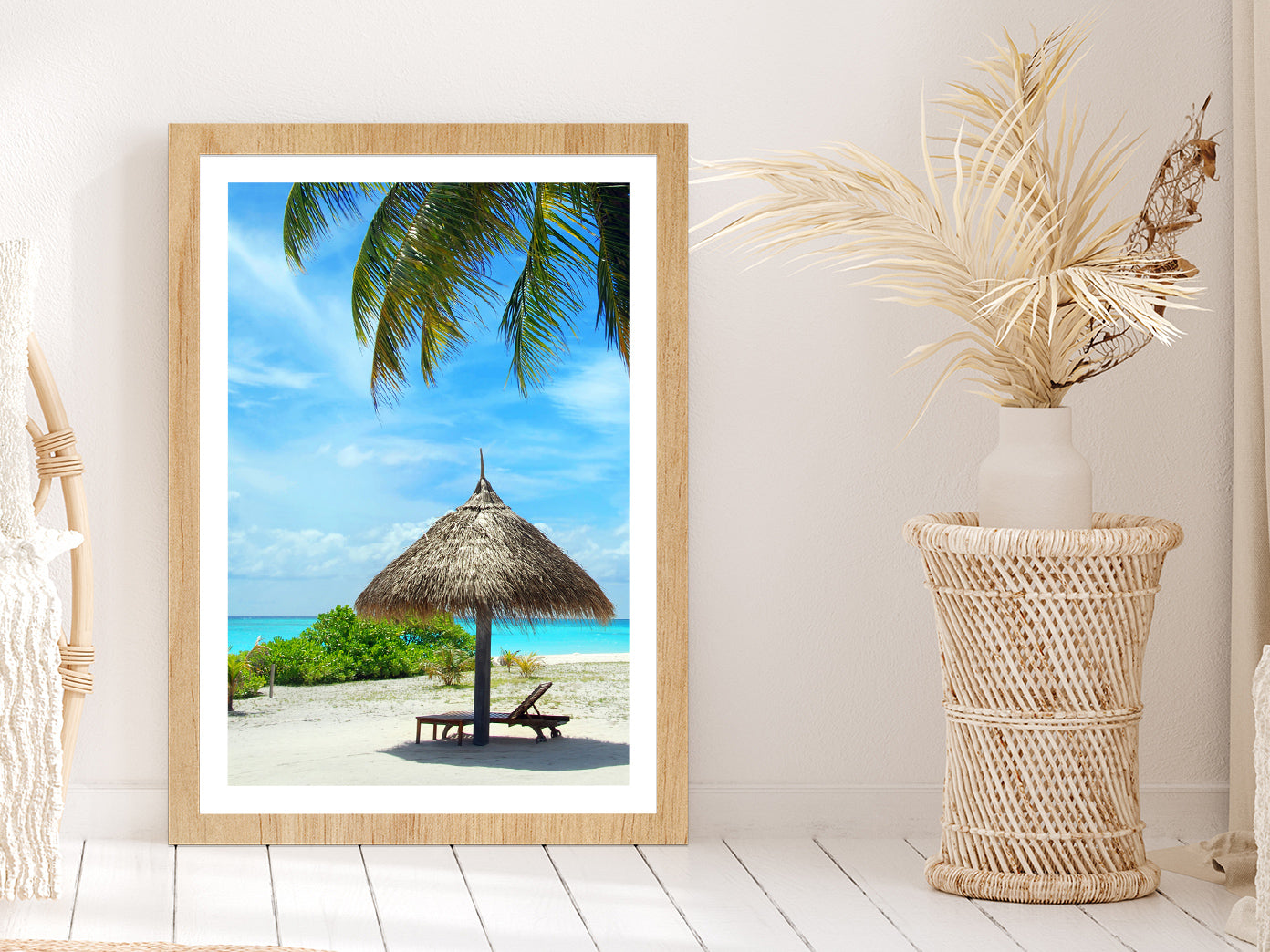 Palm Parasol & Turquoise Sea Photograph Glass Framed Wall Art, Ready to Hang Quality Print With White Border Oak