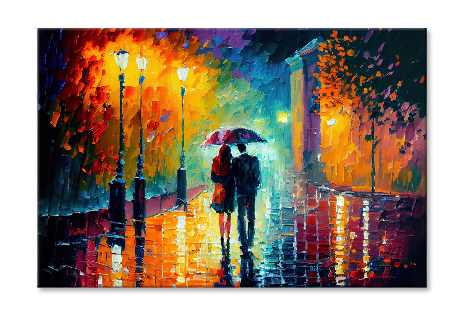 Couple with Umbrella on Road & Trees Oil Painting Wall Art Limited Edition High Quality Print Stretched Canvas None