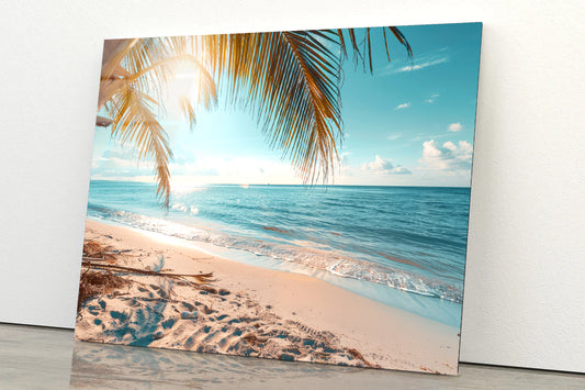 Sunny Tropical Beach with Clear Sky and Gentle Waves Acrylic Glass Print Tempered Glass Wall Art 100% Made in Australia Ready to Hang