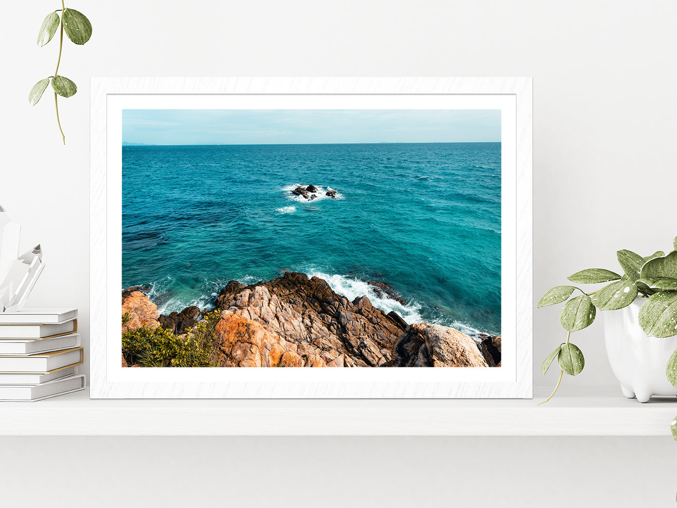 Tropical Beach At Island & Rocks Glass Framed Wall Art, Ready to Hang Quality Print With White Border White