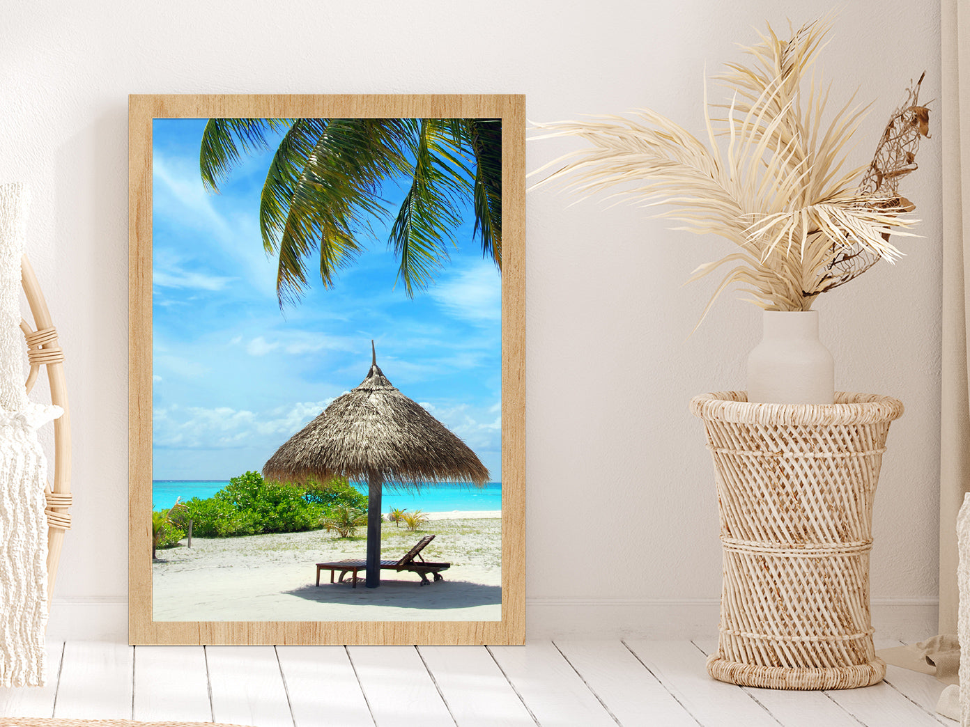 Palm Parasol & Turquoise Sea Photograph Glass Framed Wall Art, Ready to Hang Quality Print Without White Border Oak