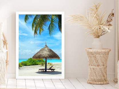 Palm Parasol & Turquoise Sea Photograph Glass Framed Wall Art, Ready to Hang Quality Print Without White Border White