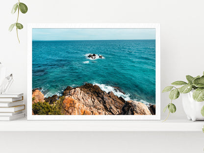 Tropical Beach At Island & Rocks Glass Framed Wall Art, Ready to Hang Quality Print Without White Border White