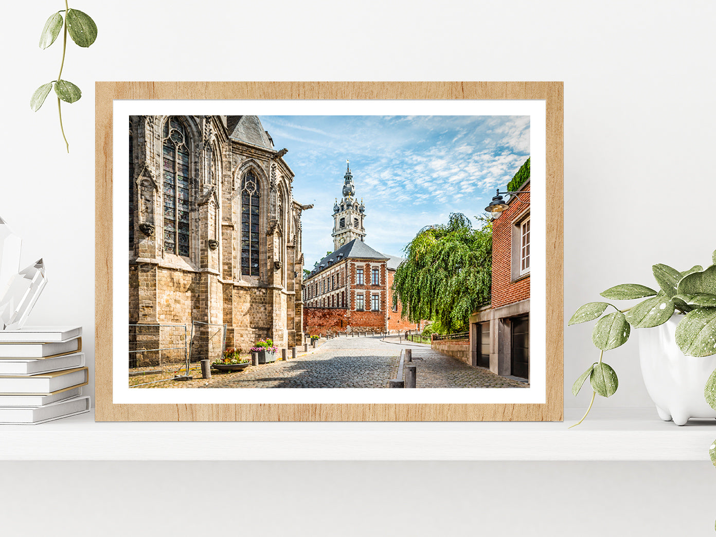 Belfry Tower With Church Belgium Glass Framed Wall Art, Ready to Hang Quality Print With White Border Oak