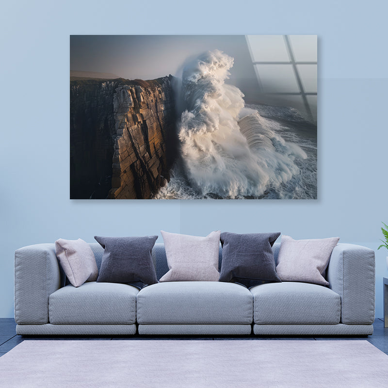 Wave Crashing Cliff Acrylic Glass Print Tempered Glass Wall Art 100% Made in Australia Ready to Hang - Bella Home Decor