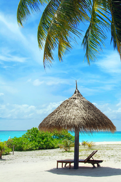 Palm Parasol & Turquoise Sea Photograph Glass Framed Wall Art, Ready to Hang Quality Print