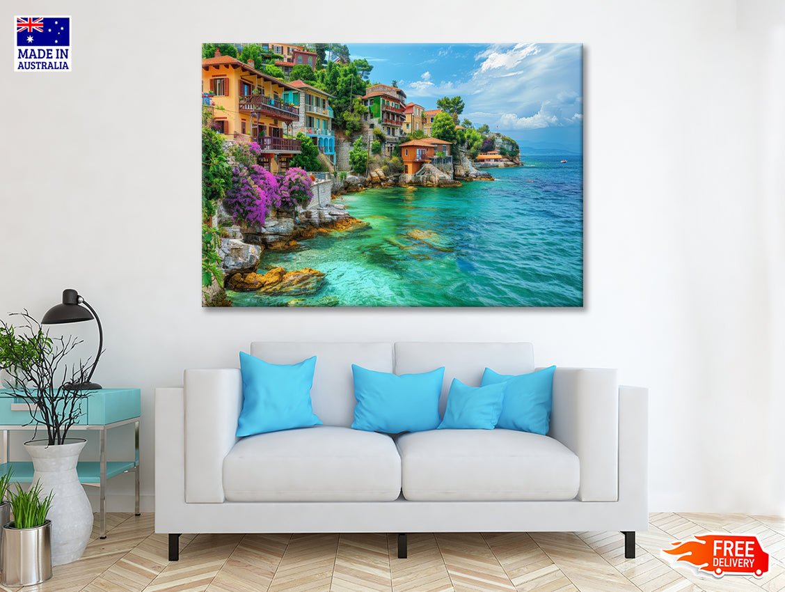 Ocean with Buildings, Trees and Sky Print 100% Australian Made - Bella Home Decor