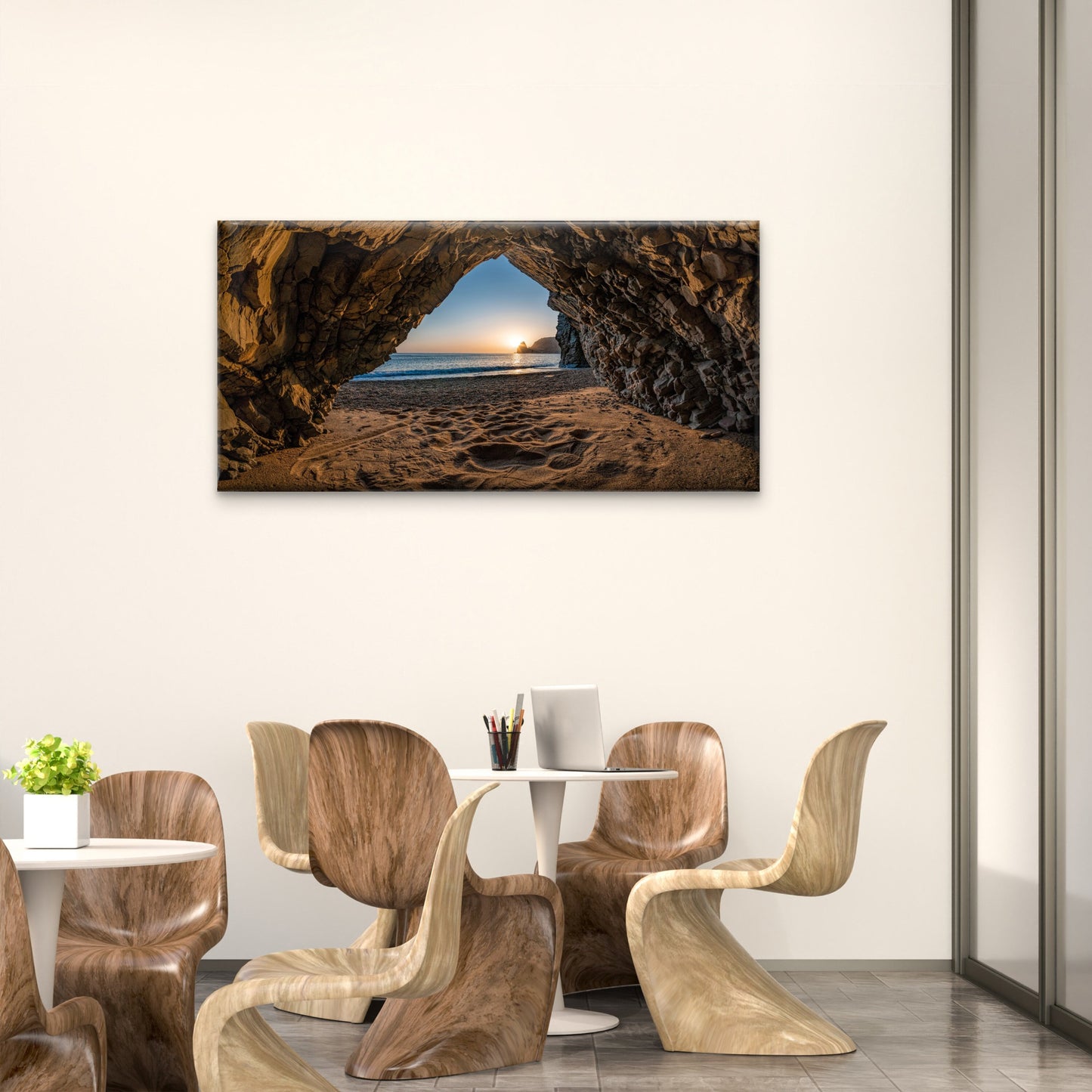 View From Stone Cave Sunset Sea Beach Wall Art Canvas Office Home Room Framed 120x60cm
