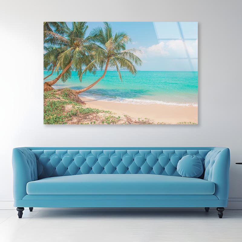 Tropical Beach with Coconut Palm Tree Acrylic Glass Print Tempered Glass Wall Art 100% Made in Australia Ready to Hang