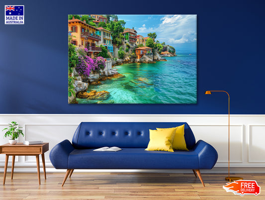 Ocean with Buildings, Trees and Sky Print 100% Australian Made - Bella Home Decor