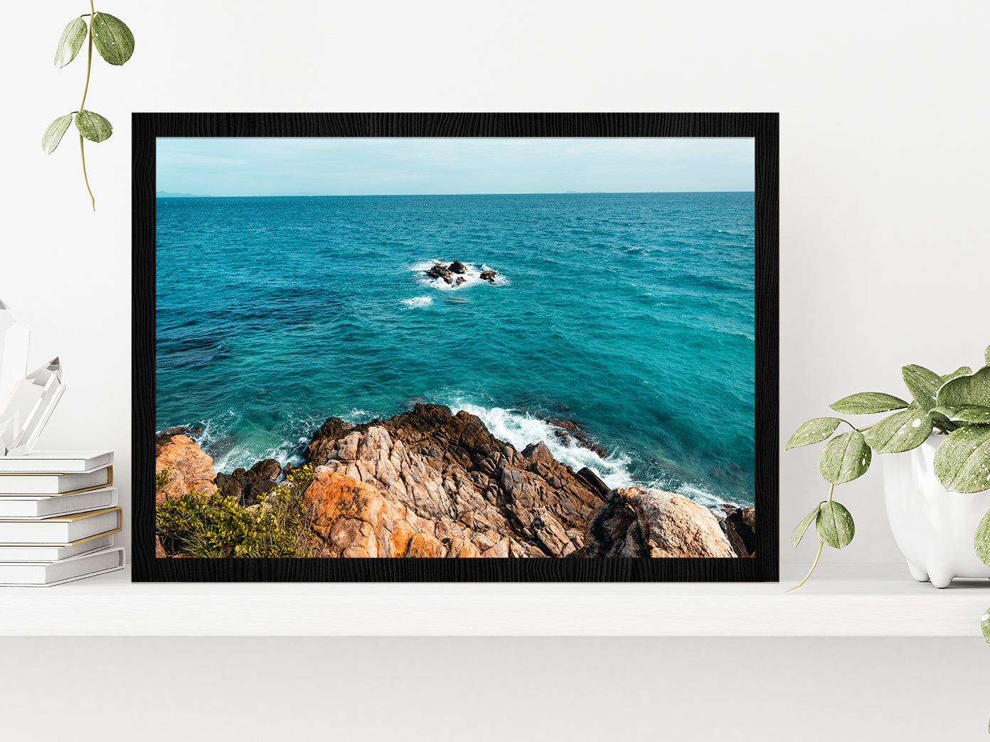 Tropical Beach At Island & Rocks Glass Framed Wall Art, Ready to Hang Quality Print Without White Border Black