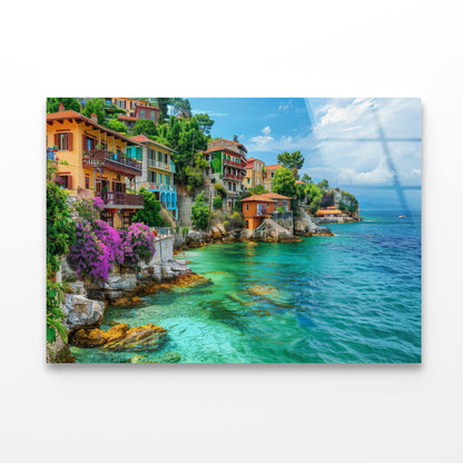 Ocean with Buildings, Trees and Sky Acrylic Glass Print Tempered Glass Wall Art 100% Made in Australia Ready to Hang - Bella Home Decor