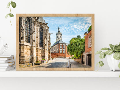 Belfry Tower With Church Belgium Glass Framed Wall Art, Ready to Hang Quality Print Without White Border Oak