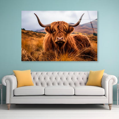 Highland Cow with Horns & Mountain View Acrylic Glass Print Tempered Glass Wall Art 100% Made in Australia Ready to Hang - Bella Home Decor