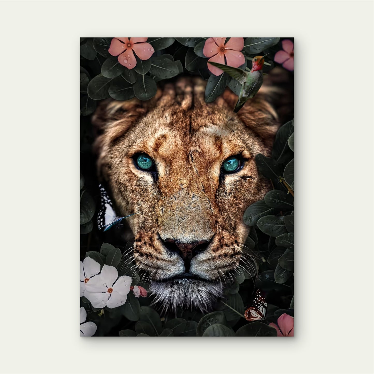 Lion Jungle Flower Hummingbird 60x90cm Metal Print Ready to Hang - Bella Home Decor