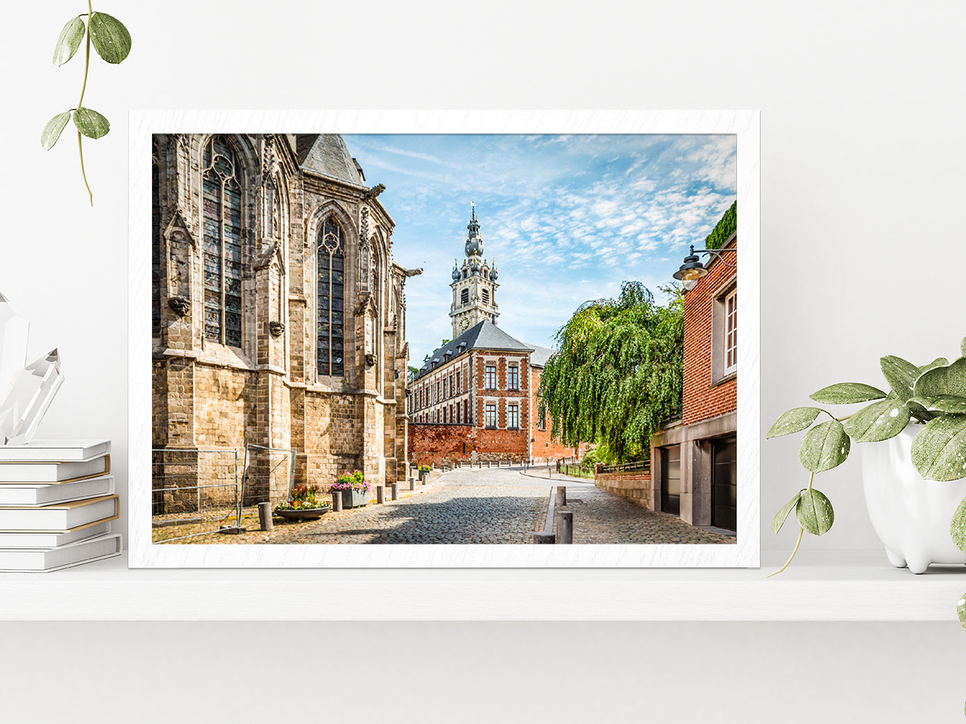 Belfry Tower With Church Belgium Glass Framed Wall Art, Ready to Hang Quality Print Without White Border White