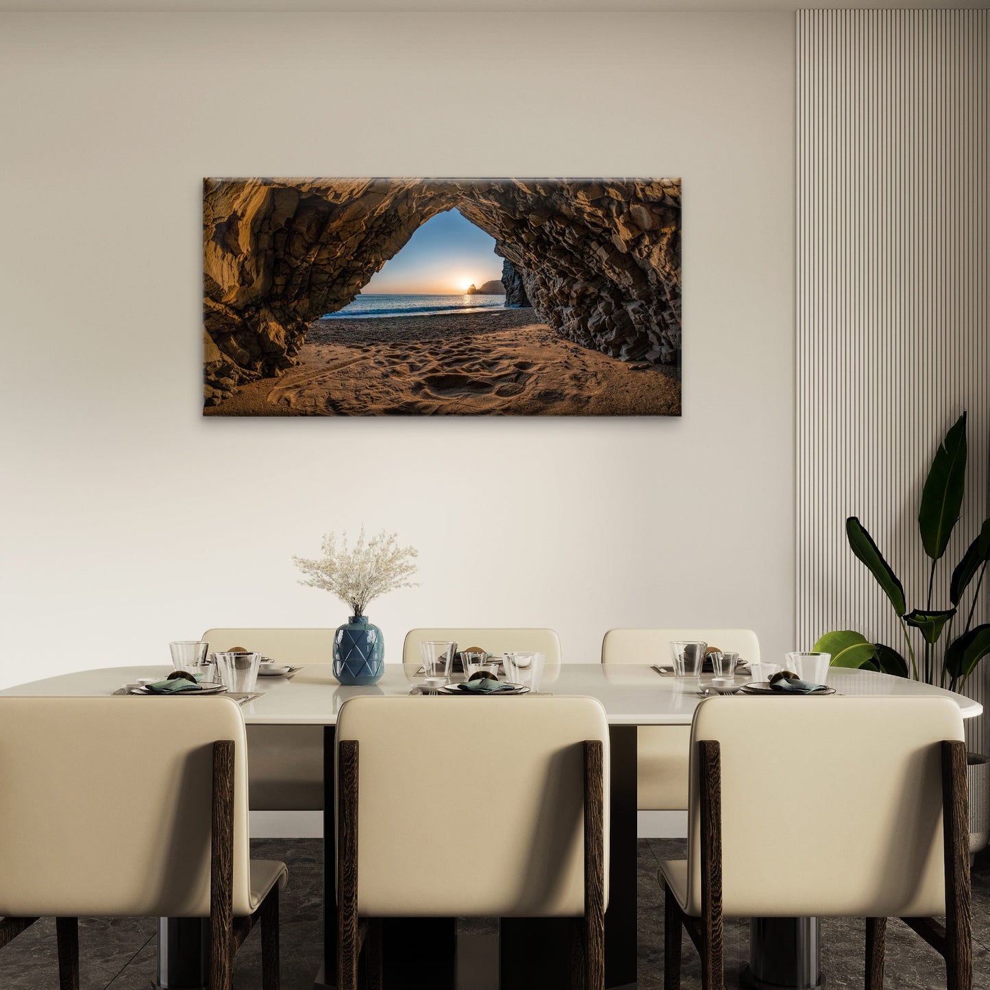 View From Stone Cave Sunset Sea Beach Wall Art Canvas Office Home Room Framed 120x60cm