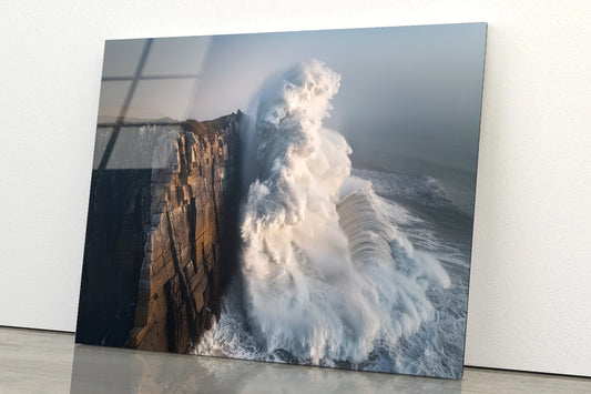 Wave Crashing Cliff Acrylic Glass Print Tempered Glass Wall Art 100% Made in Australia Ready to Hang - Bella Home Decor