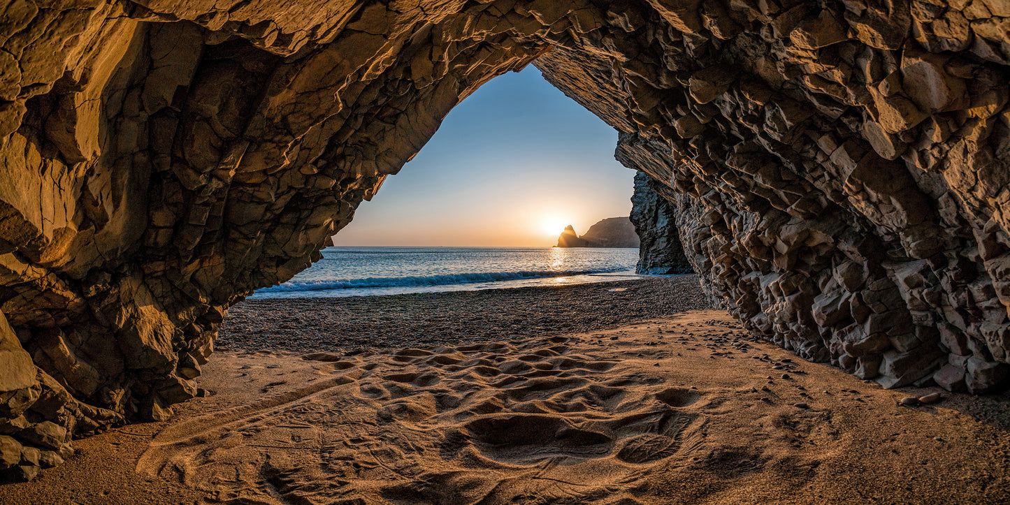 View From Stone Cave Sunset Sea Beach Wall Art Canvas Office Home Room Framed 120x60cm