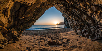 View From Stone Cave Sunset Sea Beach Wall Art Canvas Office Home Room Framed 120x60cm