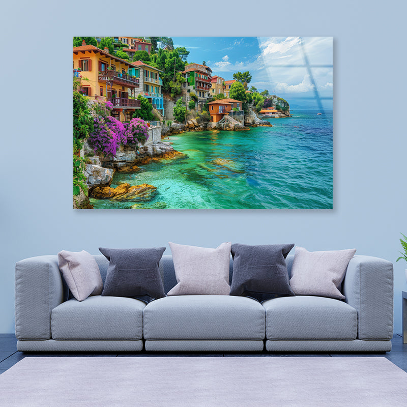 Ocean with Buildings, Trees and Sky Acrylic Glass Print Tempered Glass Wall Art 100% Made in Australia Ready to Hang - Bella Home Decor