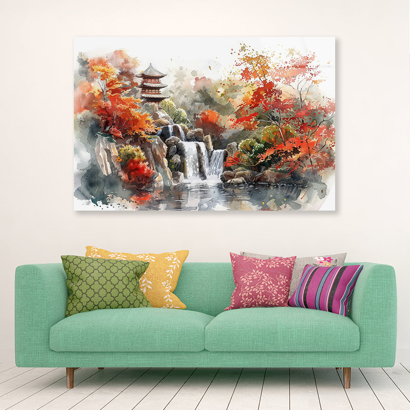 Waterfall Drawing With Trees Acrylic Glass Print Tempered Glass Wall Art 100% Made in Australia Ready to Hang - Bella Home Decor
