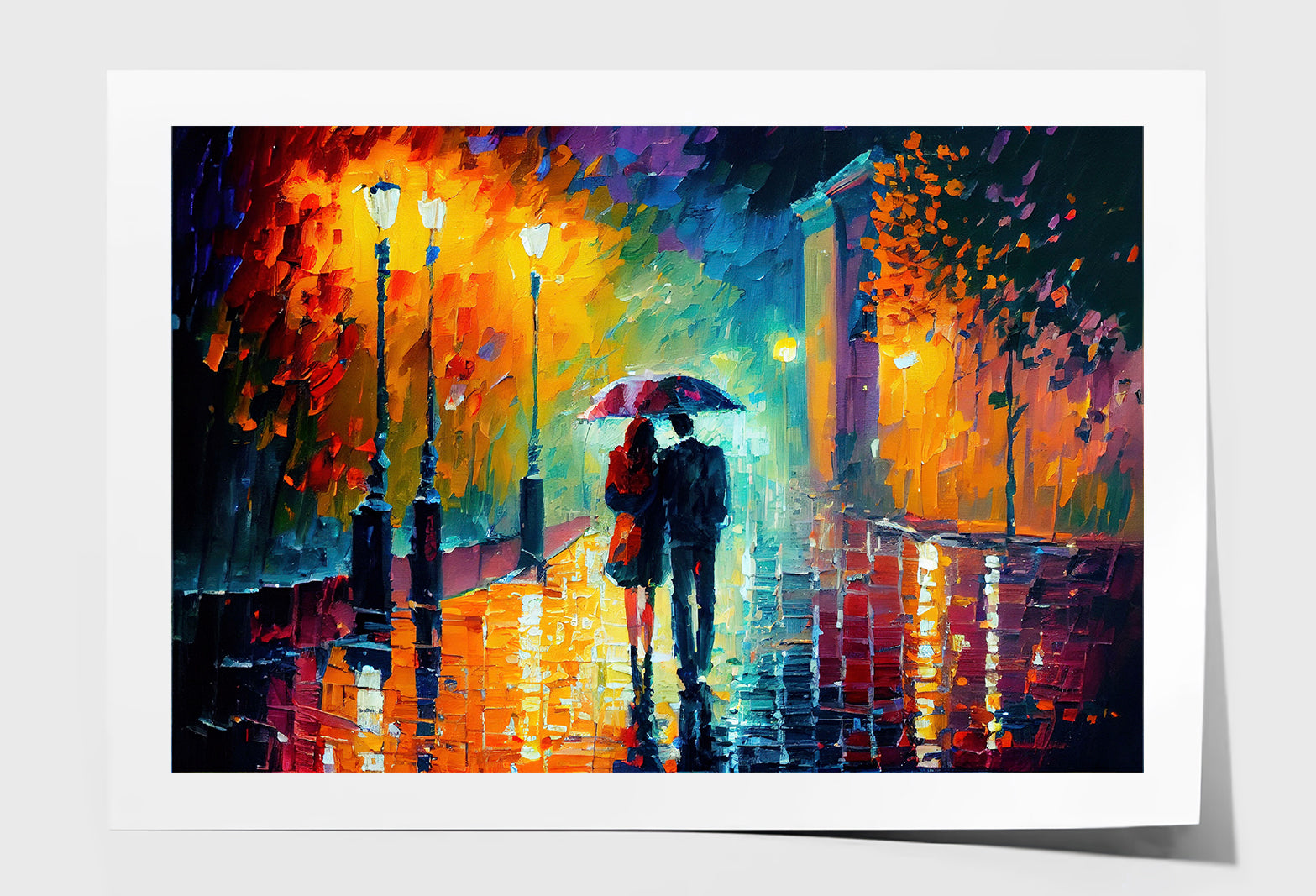 Couple with Umbrella on Road & Trees Oil Painting Wall Art Limited Edition High Quality Print Unframed Roll Canvas None