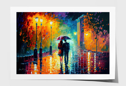 Couple with Umbrella on Road & Trees Oil Painting Wall Art Limited Edition High Quality Print Unframed Roll Canvas None