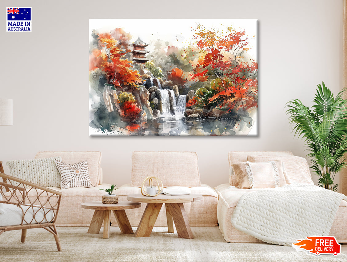 Waterfall Drawing With Trees Print 100% Australian Made - Bella Home Decor