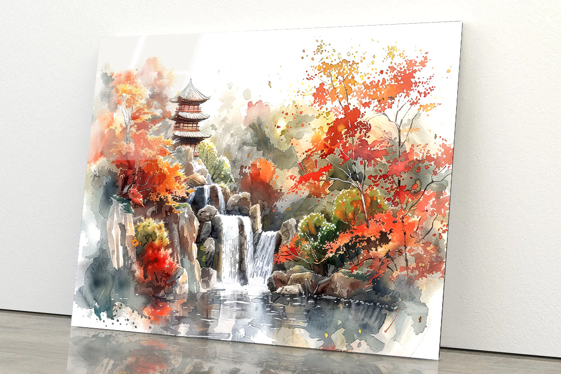 Waterfall Drawing With Trees Acrylic Glass Print Tempered Glass Wall Art 100% Made in Australia Ready to Hang - Bella Home Decor
