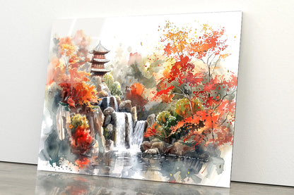 Waterfall Drawing With Trees Acrylic Glass Print Tempered Glass Wall Art 100% Made in Australia Ready to Hang - Bella Home Decor