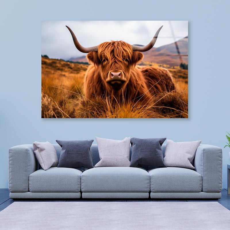 Highland Cow with Horns & Mountain View Acrylic Glass Print Tempered Glass Wall Art 100% Made in Australia Ready to Hang - Bella Home Decor