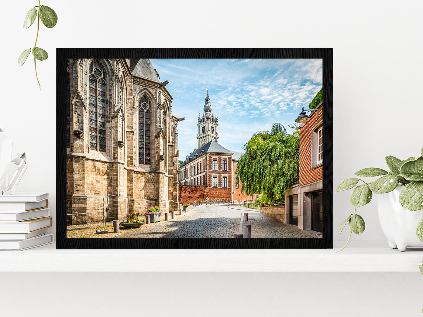 Belfry Tower With Church Belgium Glass Framed Wall Art, Ready to Hang Quality Print Without White Border Black