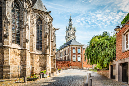 Belfry Tower With Church Belgium Glass Framed Wall Art, Ready to Hang Quality Print