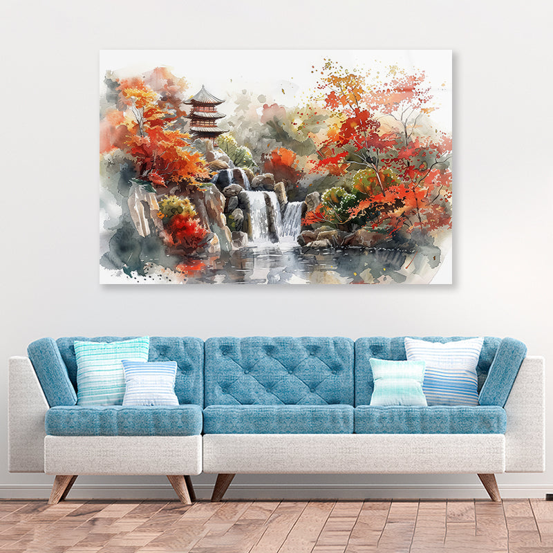Waterfall Drawing With Trees Acrylic Glass Print Tempered Glass Wall Art 100% Made in Australia Ready to Hang - Bella Home Decor