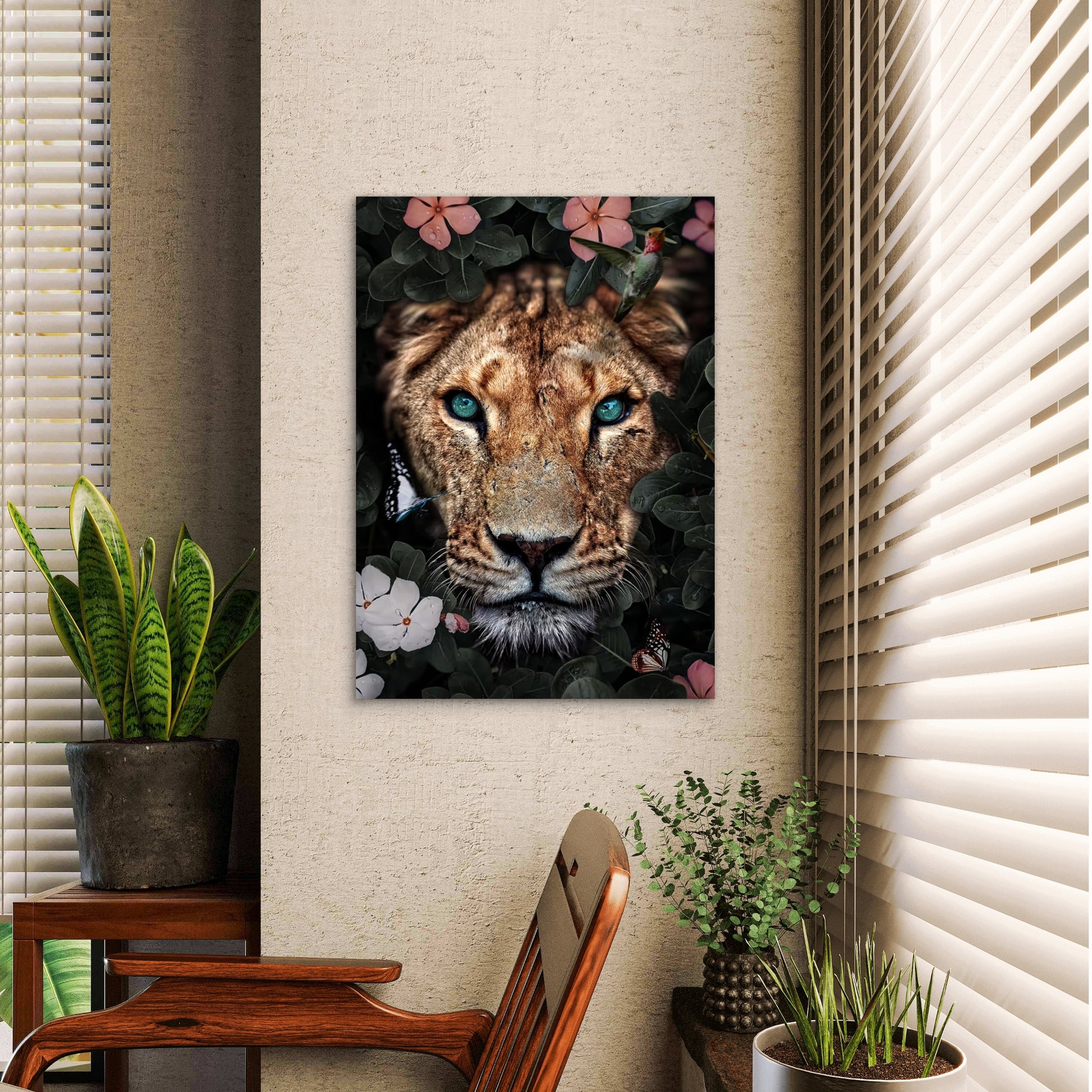 Lion Jungle Flower Hummingbird 60x90cm Metal Print Ready to Hang - Bella Home Decor