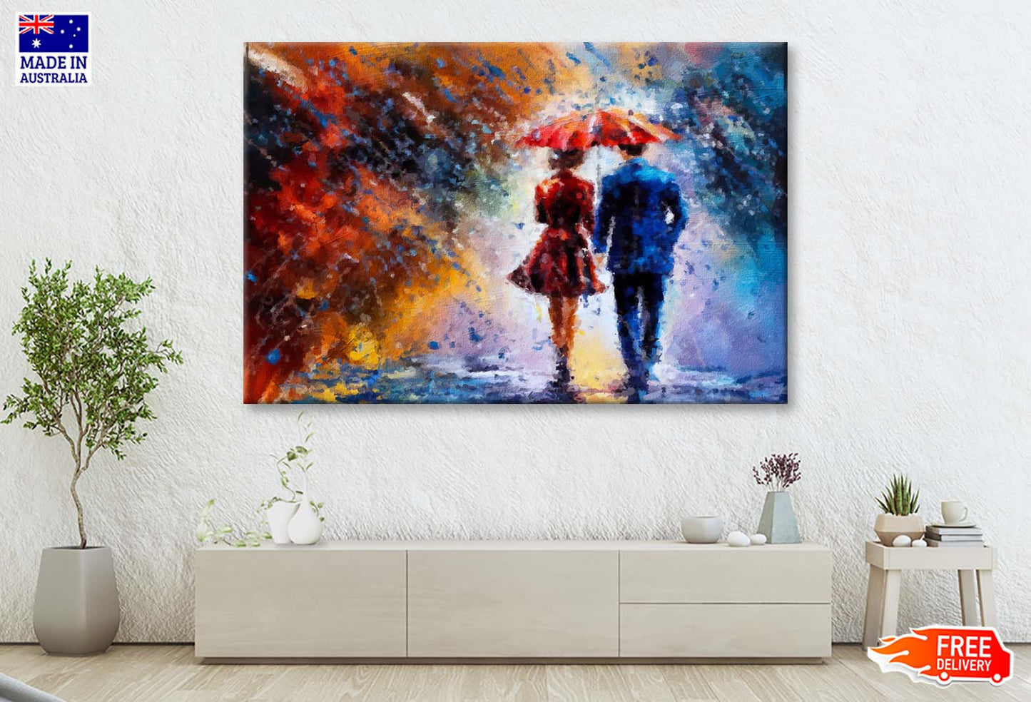 Couple Is Walking In the Rain under an Umbrella Wall Art Limited Edition High Quality Print