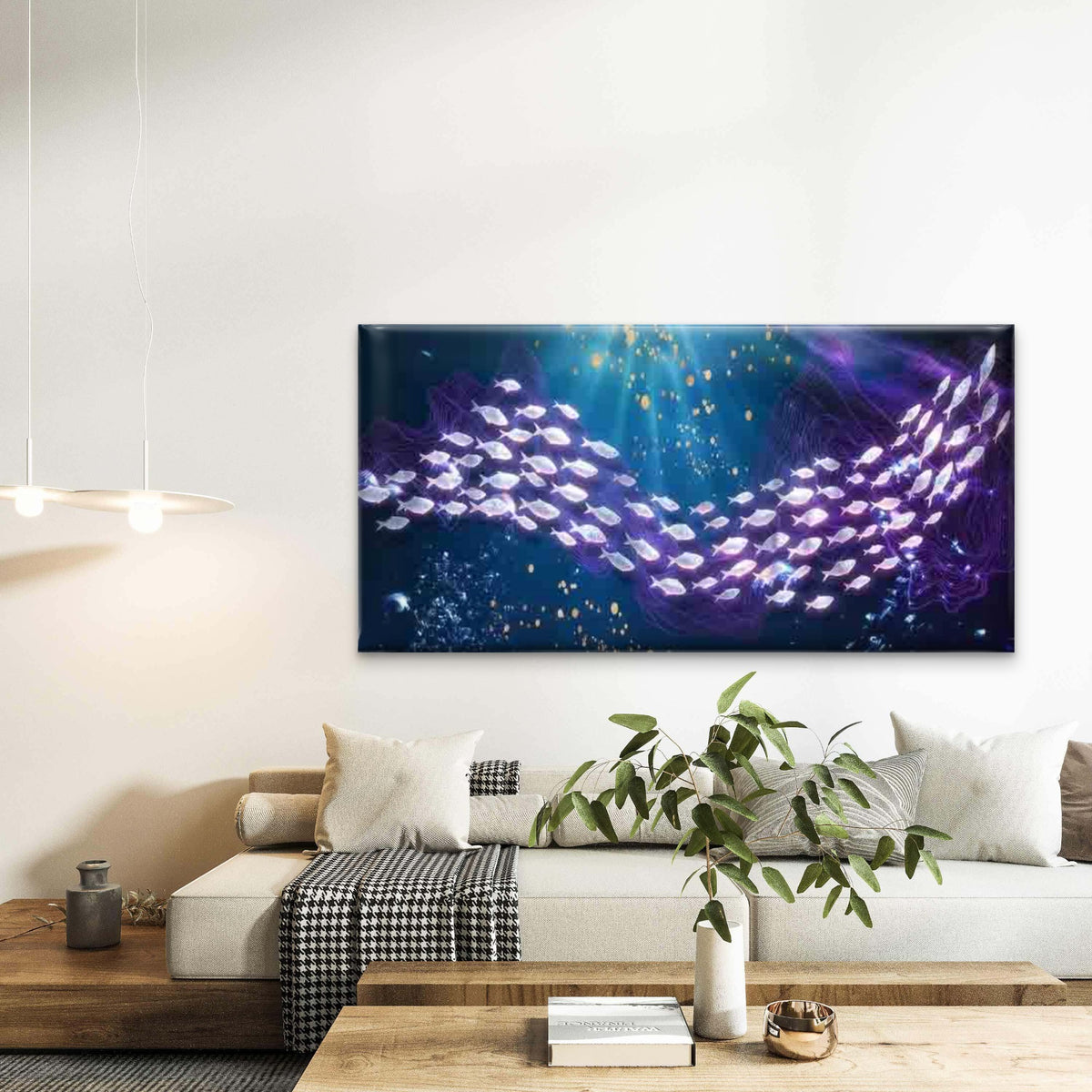 Glowing Neon Fish And Ocean Wav Wall Art Canvas Office Home Room Framed 120x60cm