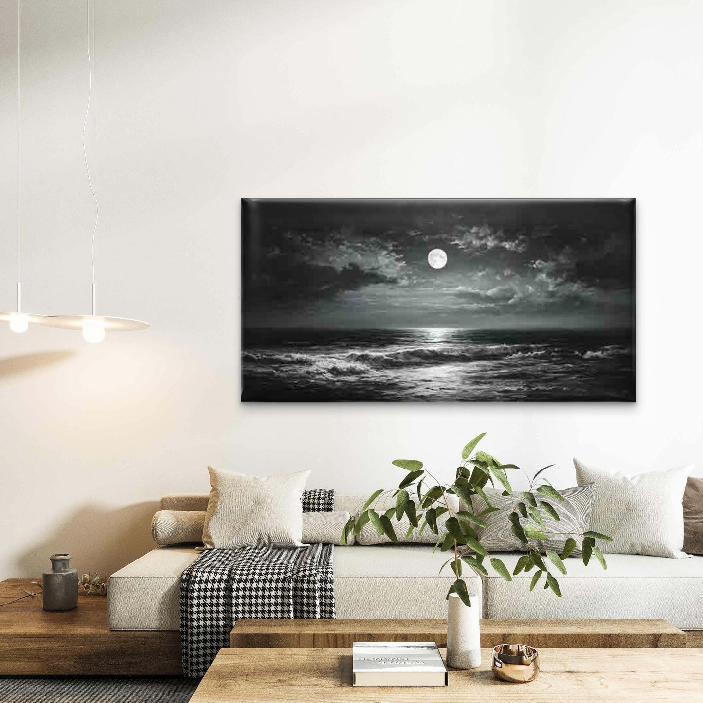 Moonlit Sea with Dark Clouds Wall Art Canvas Office Home Room Framed 120x60cm - Bella Home Decor