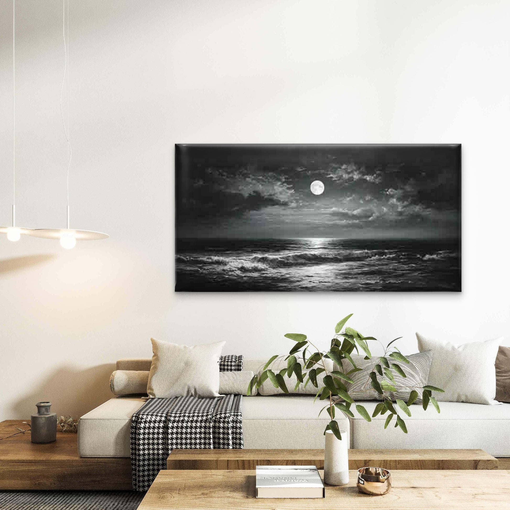 Moonlit Sea with Dark Clouds Wall Art Canvas Office Home Room Framed 120x60cm - Bella Home Decor