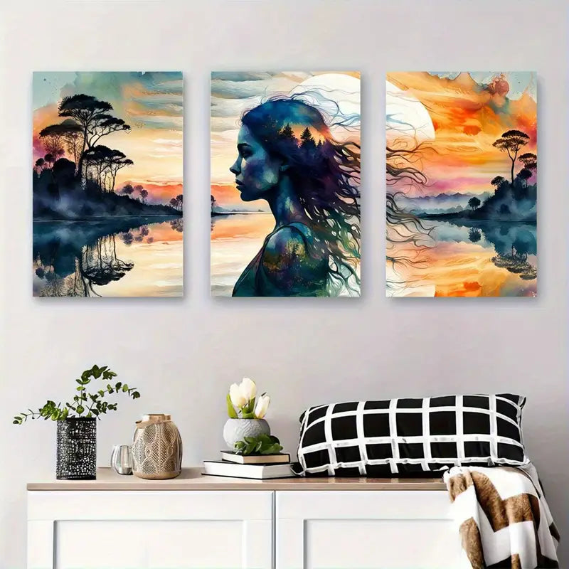 3pcs Woman Silhouette Lake Reflection Triptych Metal Print Ready to Hang Art