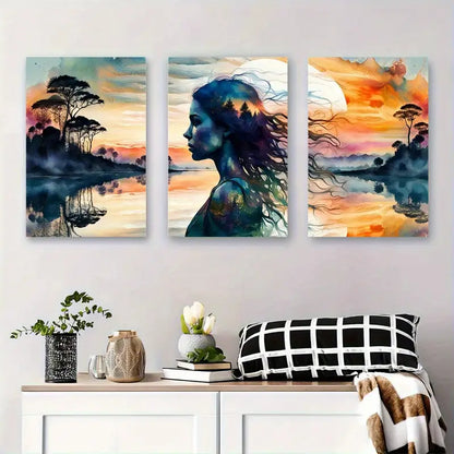 3pcs Woman Silhouette Lake Reflection Triptych Metal Print Ready to Hang Art