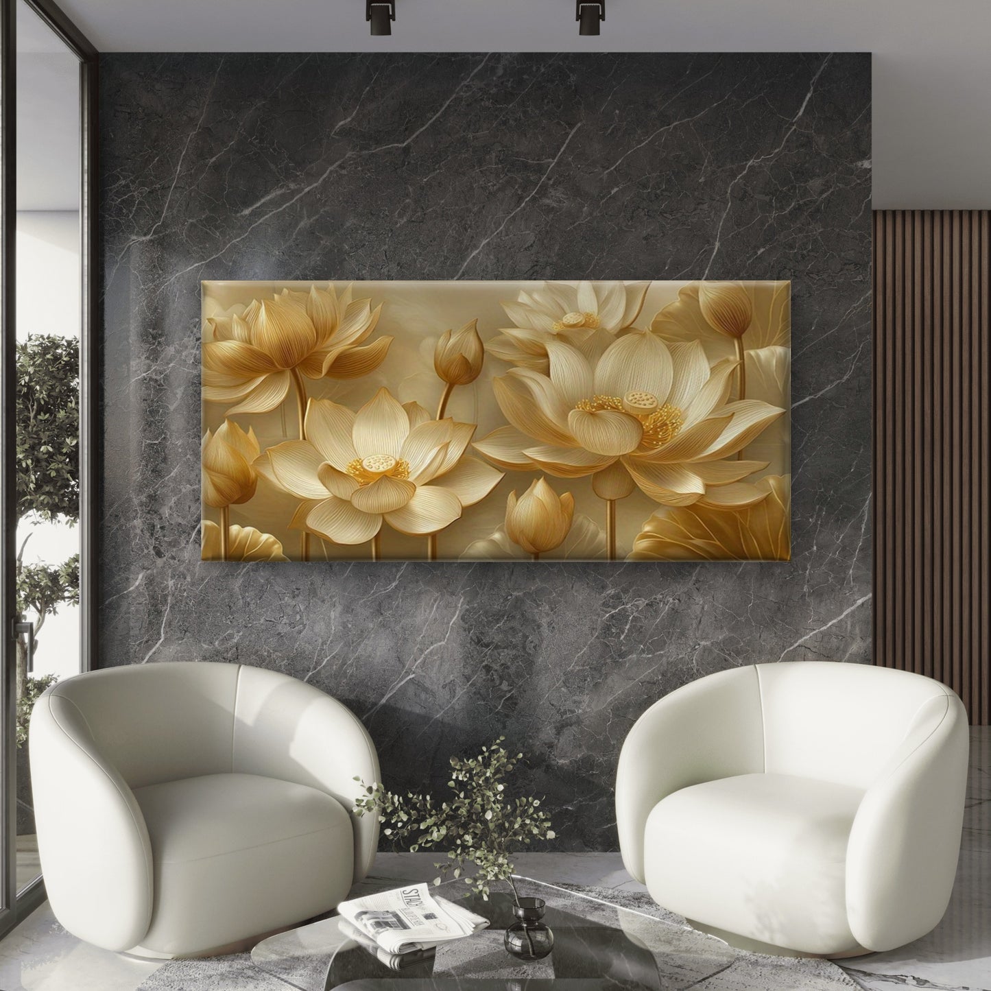 Golden for Lotus Flower Wall Art Canvas Office Home Room Framed 120x60cm