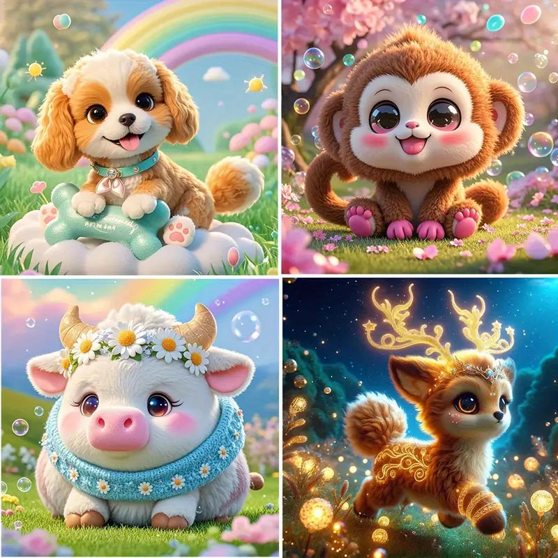 4pcs Cute Puppy ,Monky,Pig & Deer Wall Art Canvas Framed